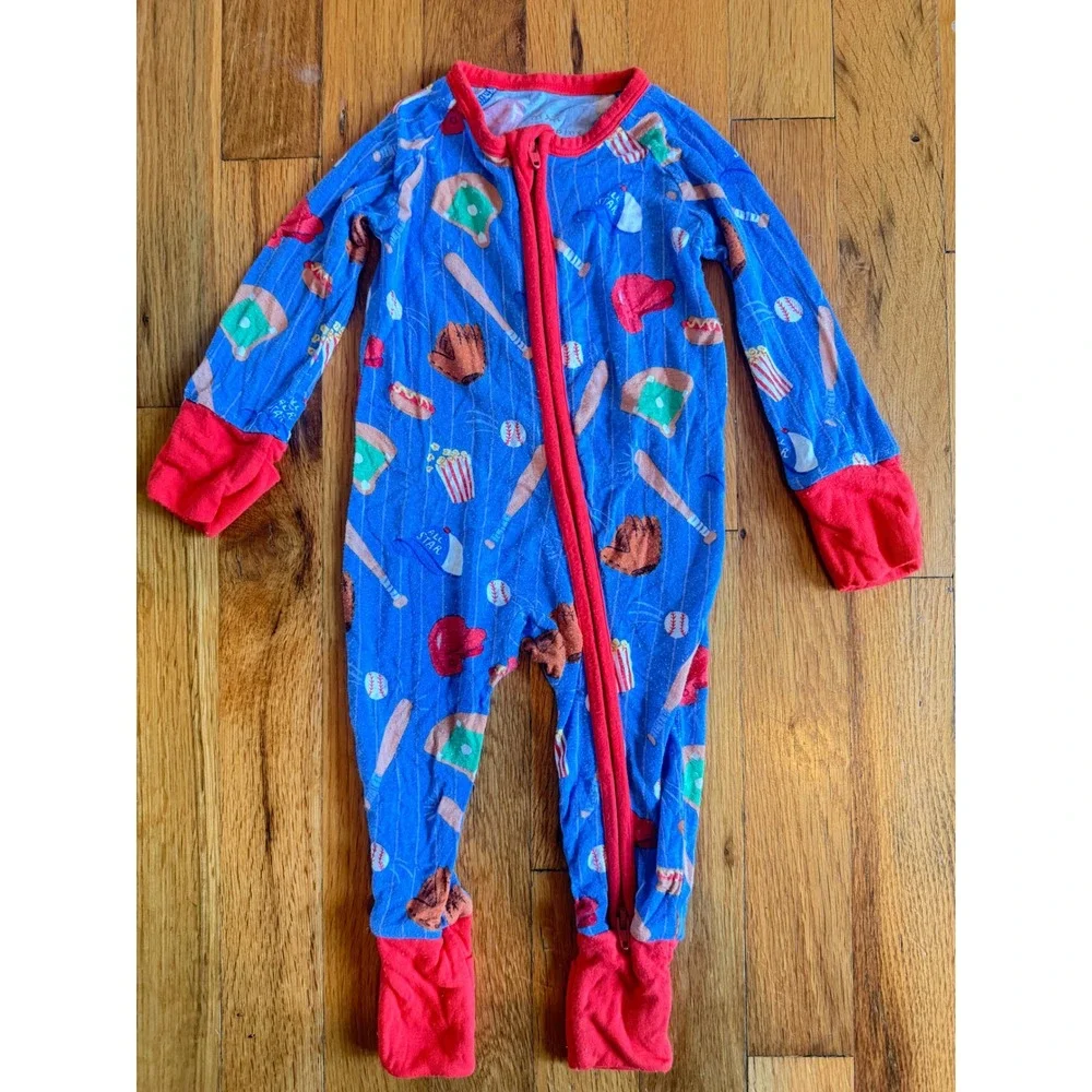 Little Sleepies All Star Baseball Bamboo Zippy Romper Blue Red 0-3 Months